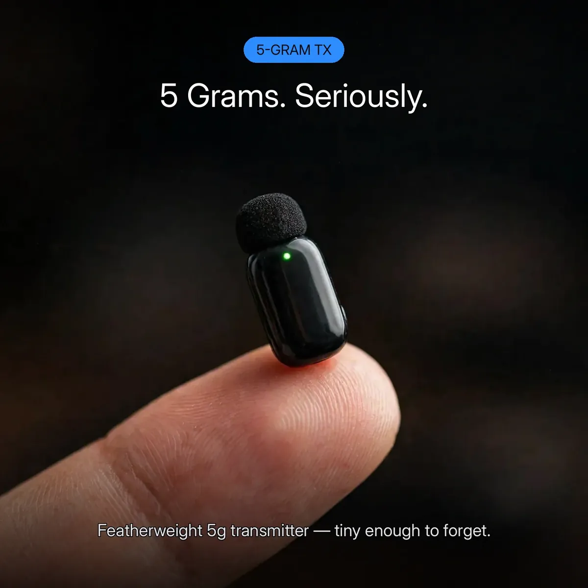 BOYA Mini-16 feature card showing the 5-gram transmitter balanced on a fingertip — 5 Grams. Seriously. Featherweight 5g transmitter, tiny enough to forget.