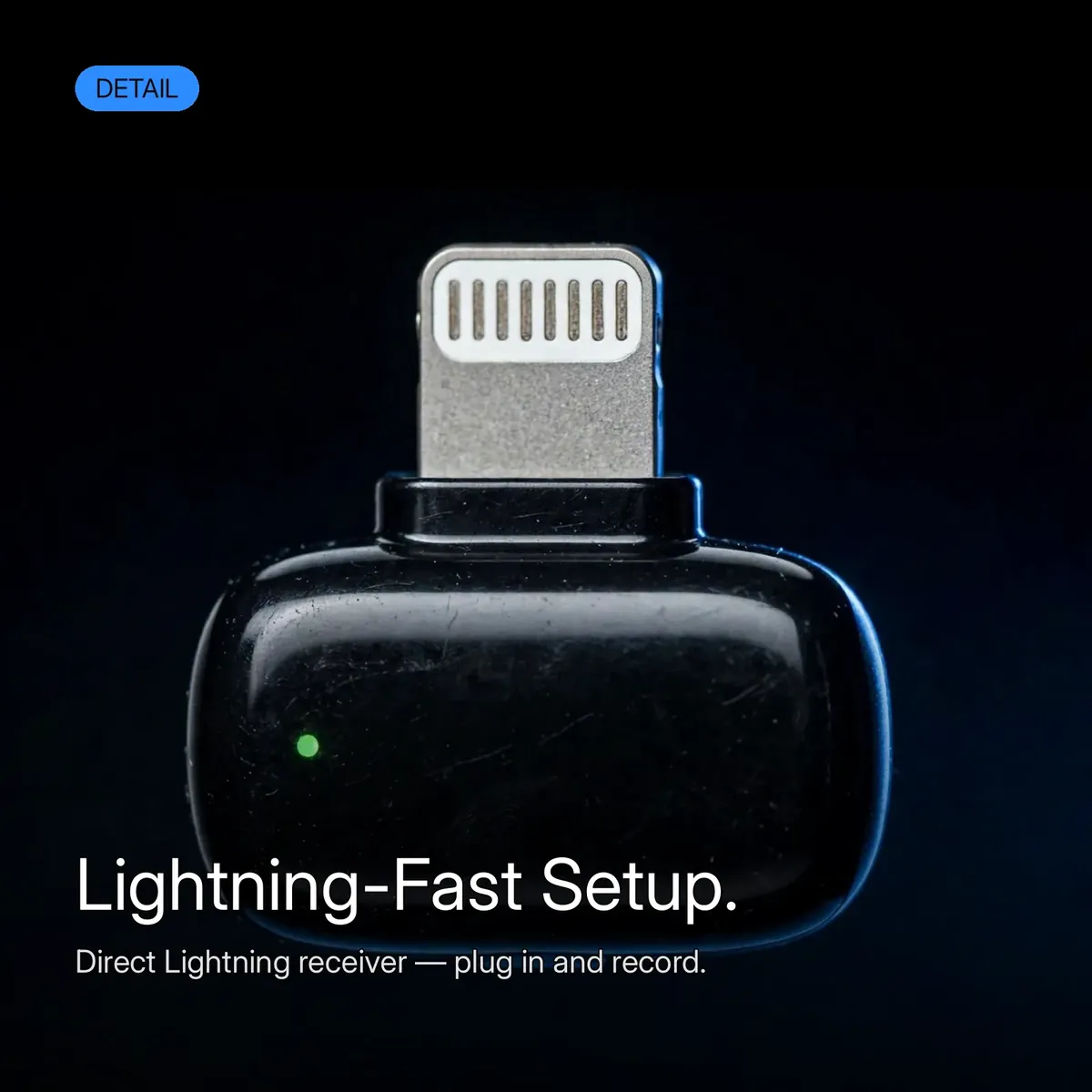 BOYA Mini-16 close-up of the Lightning receiver — Lightning-Fast Setup. Direct Lightning receiver for iPhone, plug in and record.