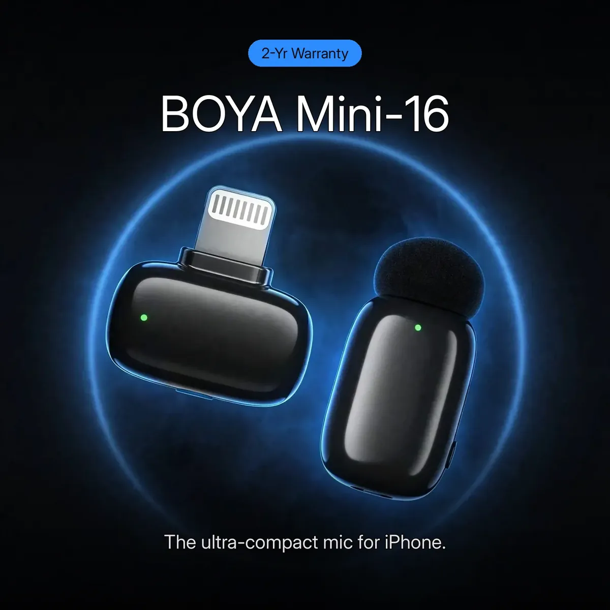 BOYA Mini-16 promo hero showing the Lightning receiver and transmitter under a blue halo — BOYA Mini-16. The ultra-compact mic for iPhone.