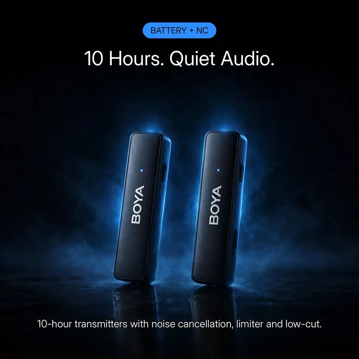 Boya BOYALINK A2 feature card showing the two TX bars with a blue battery glow — 10 Hours. Quiet Audio. 10-hour transmitters with noise cancellation, limiter and low-cut.