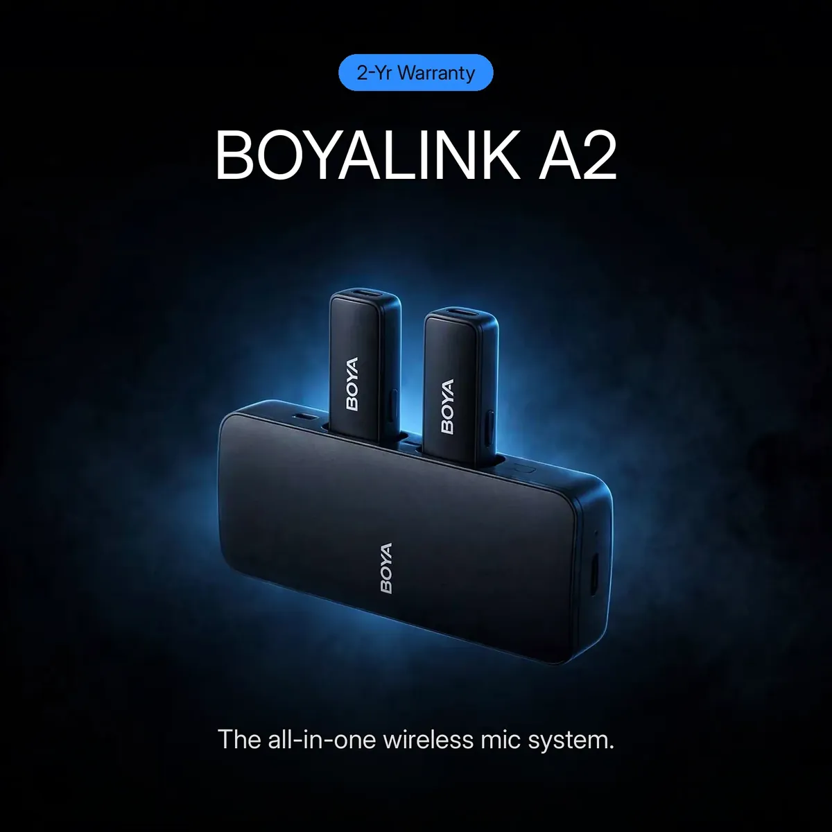 Boya BOYALINK A2 promo hero showing the docked all-in-one system under a blue halo — BOYALINK A2. The all-in-one wireless mic system. 2-Yr Warranty badge.