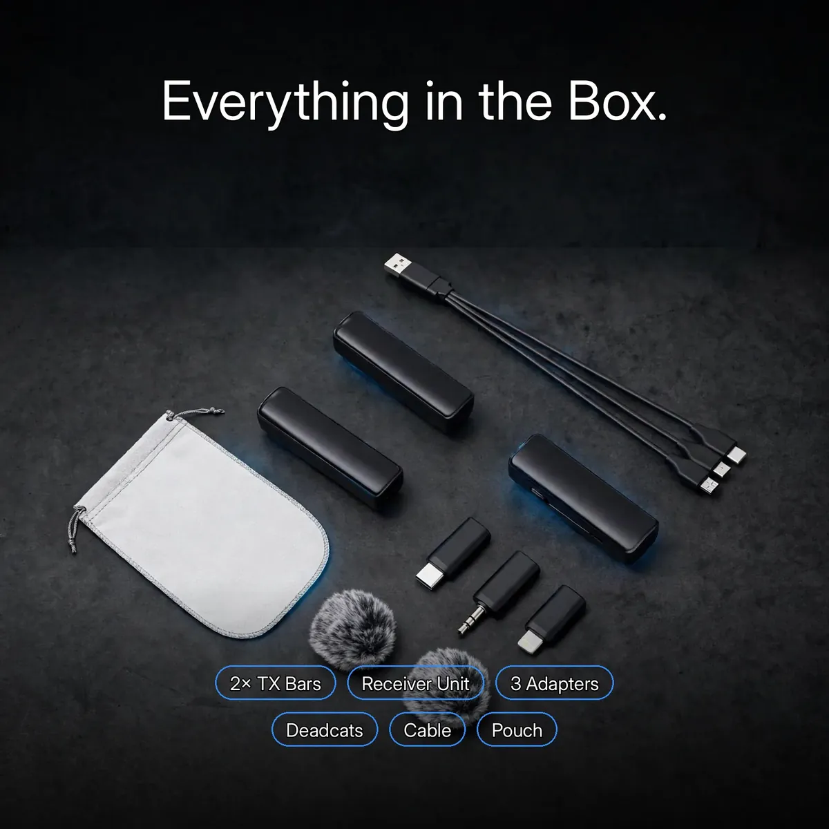Boya BOYALINK A2 box-contents flat-lay with chip labels — 2× TX Bars, Receiver Unit, 3 Adapters, Deadcats, Cable, Pouch — Everything in the Box. No charging case.