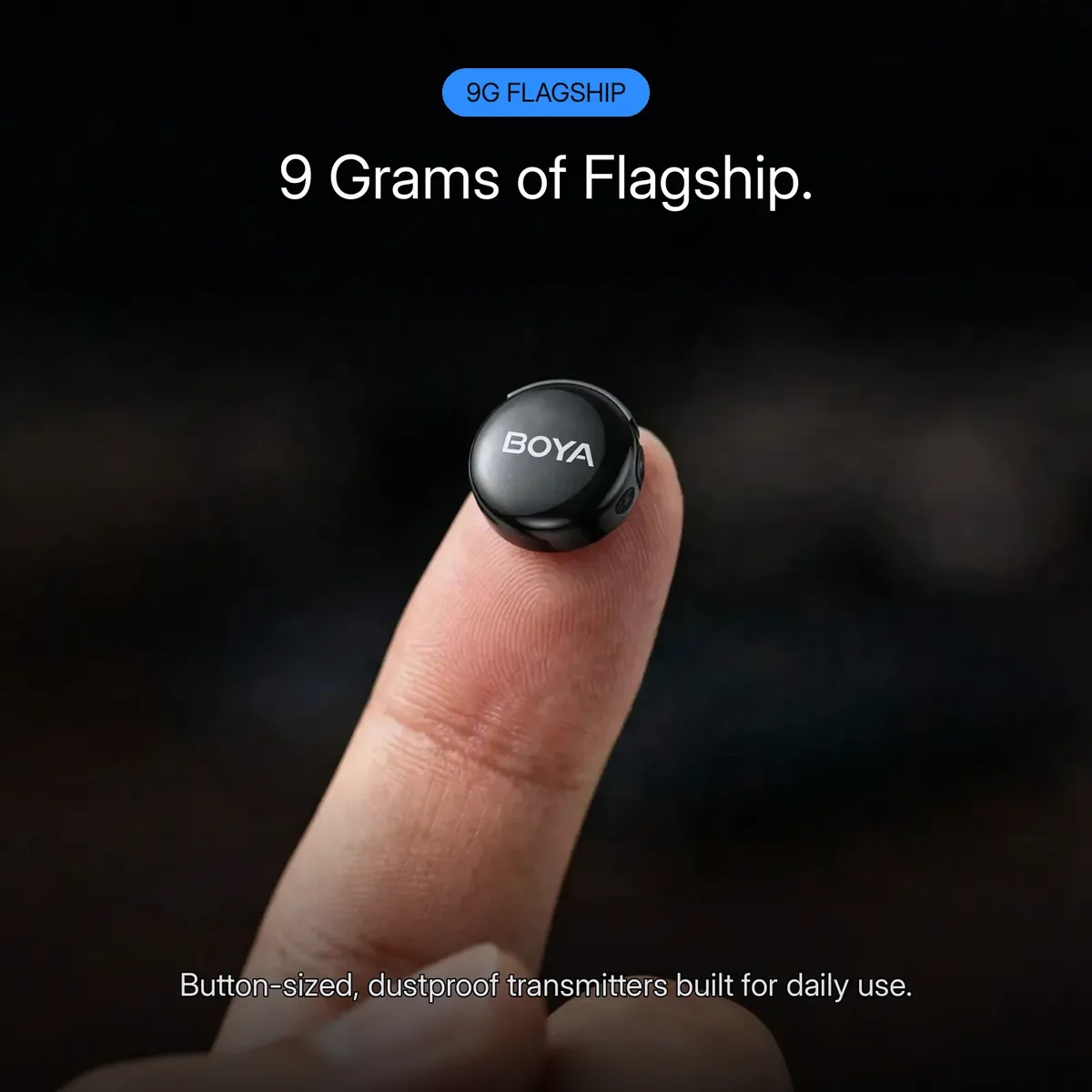 Boyalink 3 feature card showing the round BOYA transmitter balanced on a fingertip — 9 Grams of Flagship. Button-sized, dustproof transmitters.