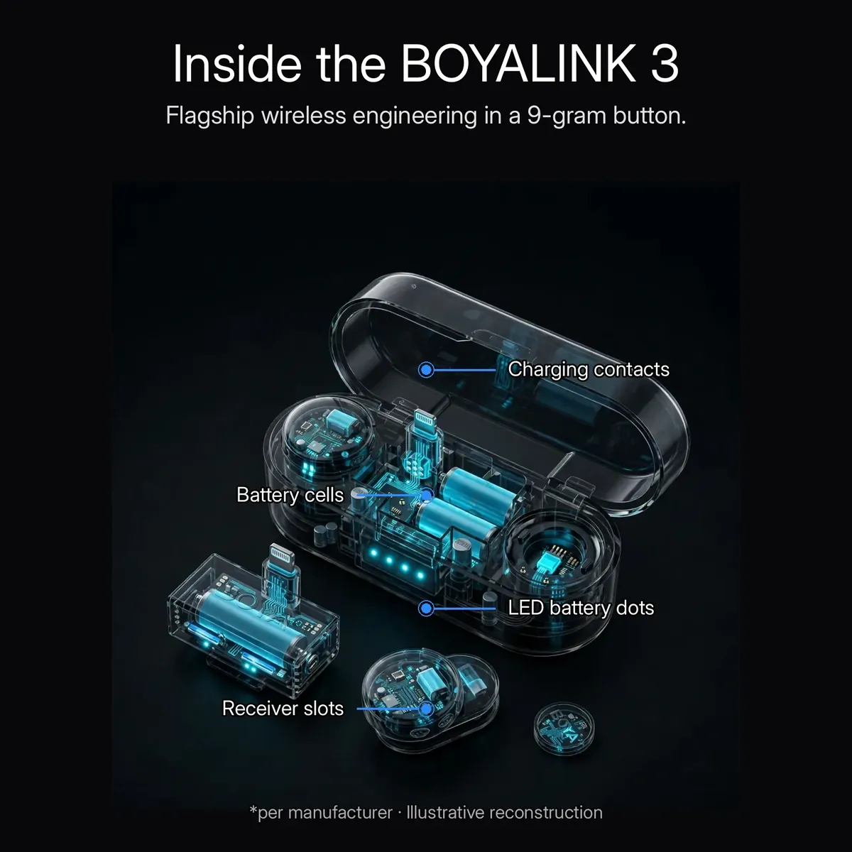 Boyalink 3 x-ray render of the open charging case showing charging contacts, battery cells, LED battery dots and receiver slots — Power in the Case. Illustrative reconstruction.
