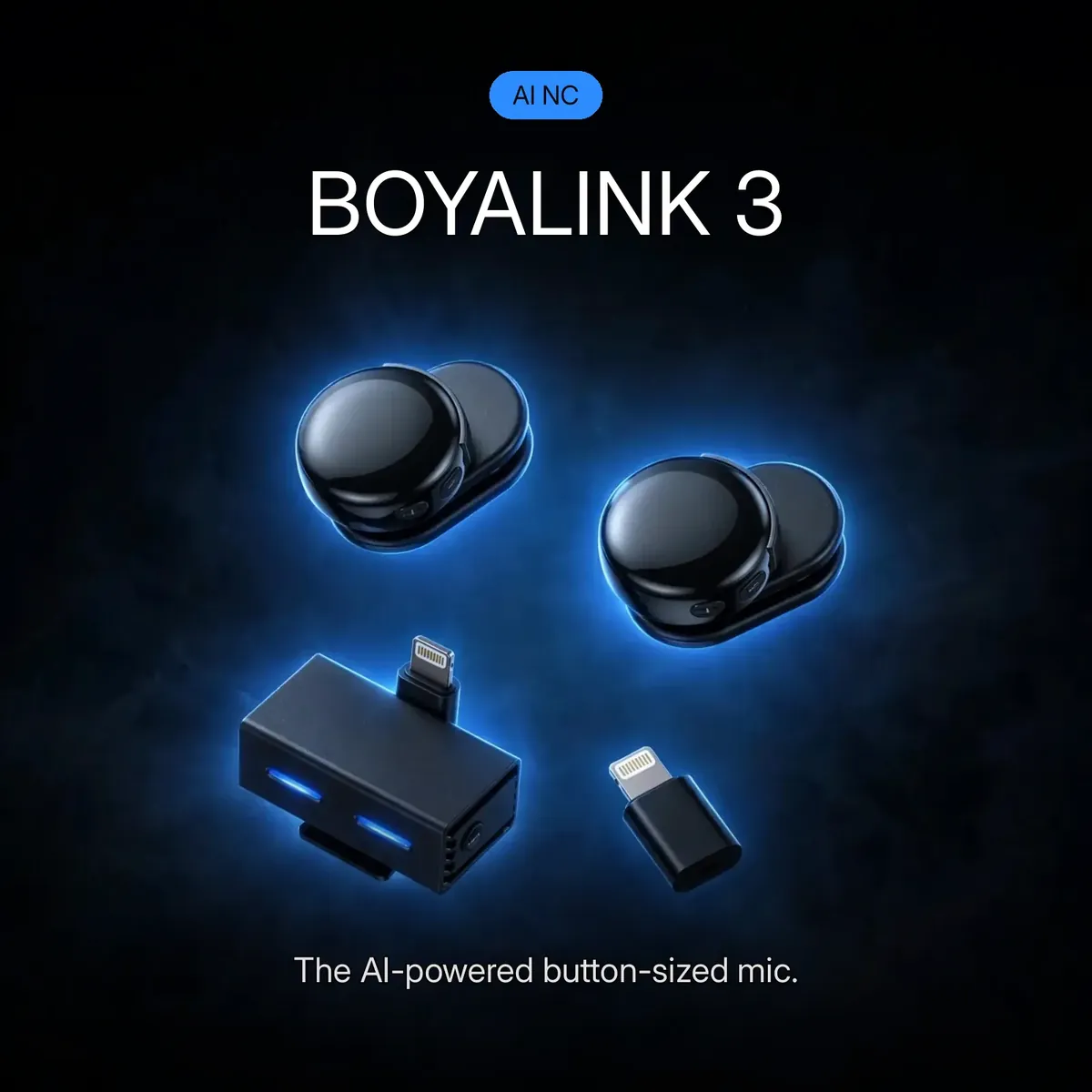 Boyalink 3 promo hero showing two transmitters and receivers on a dark blue backdrop — BOYALINK 3. The AI-powered button-sized mic.