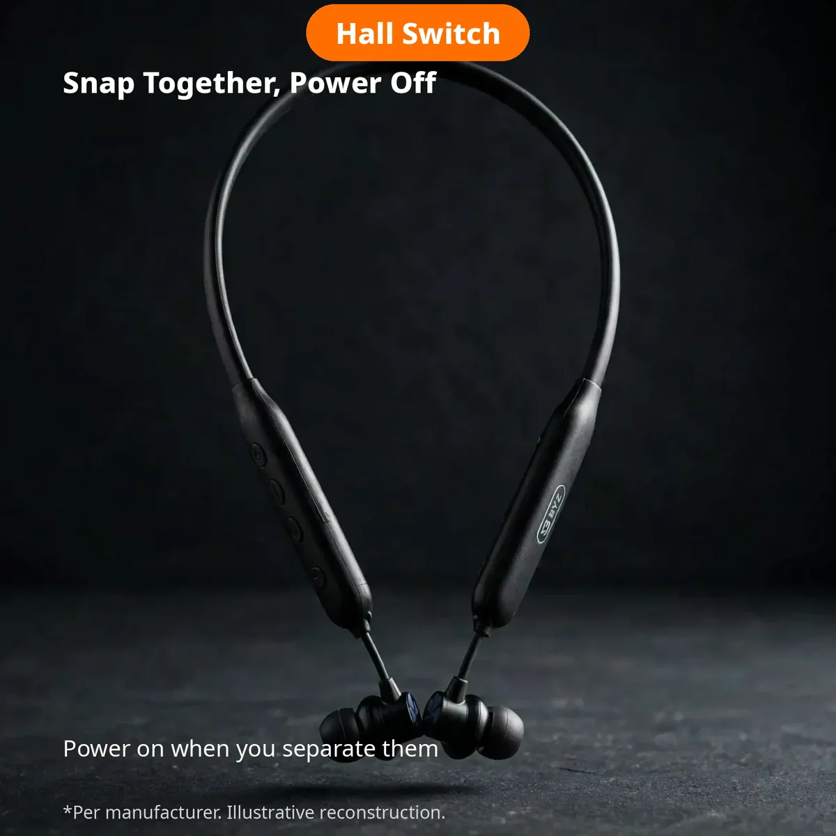 BYZ BL-B60 Hall switch card — Snap Together, Power Off. Magnetic earbuds; the band powers on when you separate them.