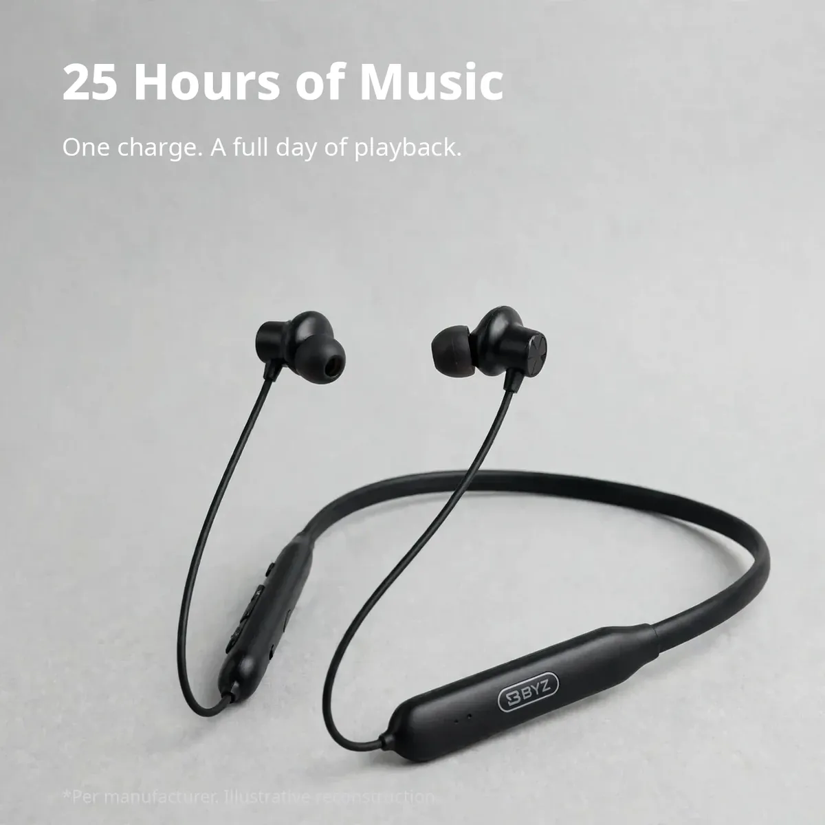 BYZ BL-B60 battery infographic — 25 Hours of Music. One charge, a full day of playback. Illustrative reconstruction.