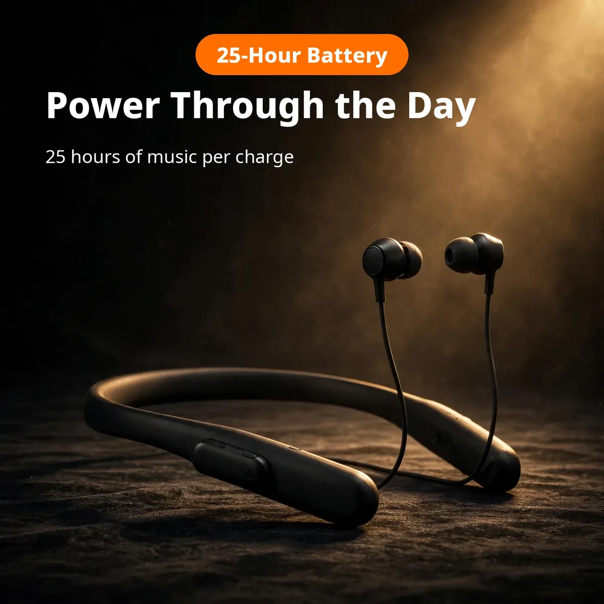 BYZ BL-B60 promo hero — Power Through the Day. 25-Hour Battery chip; 25 hours of music per charge.