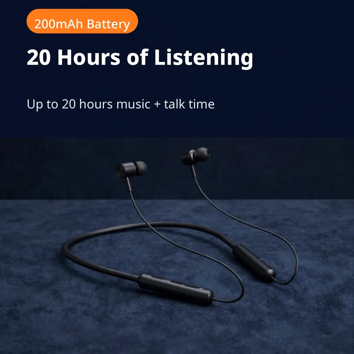 Hoco ES69 battery card on a dark-navy backdrop — 20 Hours of Listening. Up to 20 hours music + talk time. 200mAh Battery.