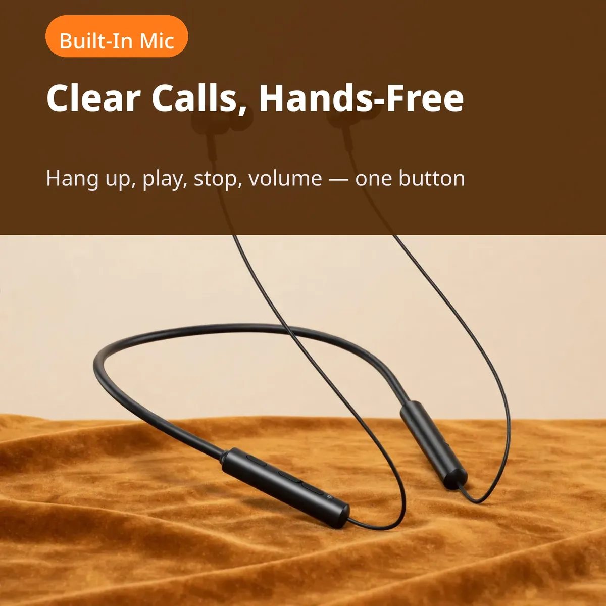 Hoco ES69 calls card on a brown backdrop — Clear Calls, Hands-Free. Hang up, play, stop, volume — one button. Built-In Mic.