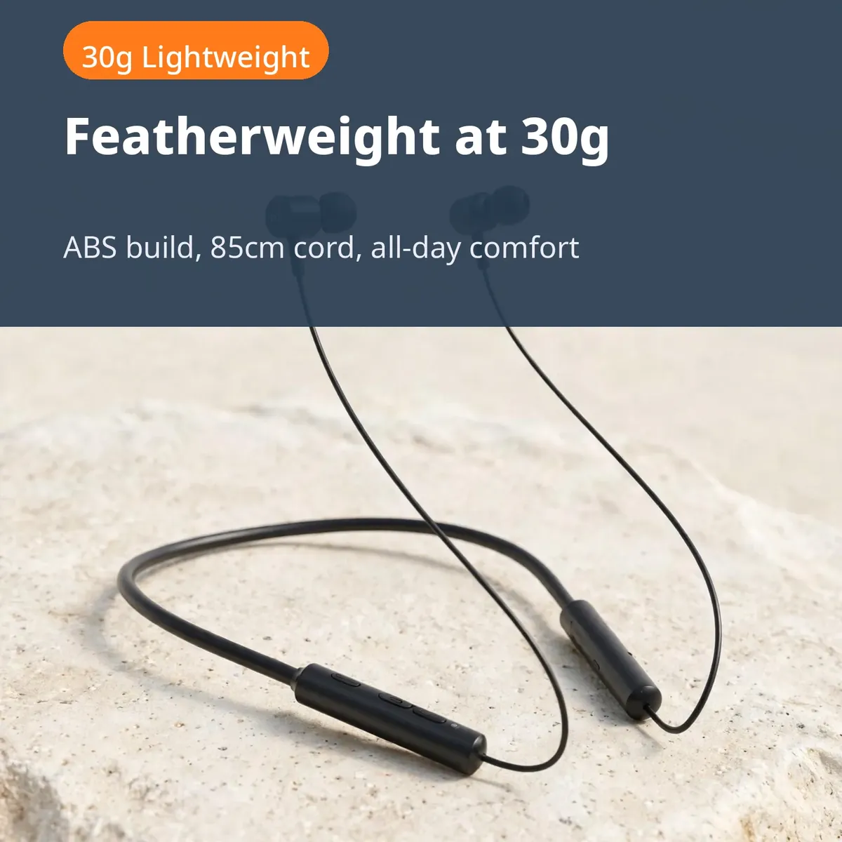 Hoco ES69 lightweight card on a slate backdrop — Featherweight at 30g. ABS build, 85cm cord, all-day comfort. 30g Lightweight.
