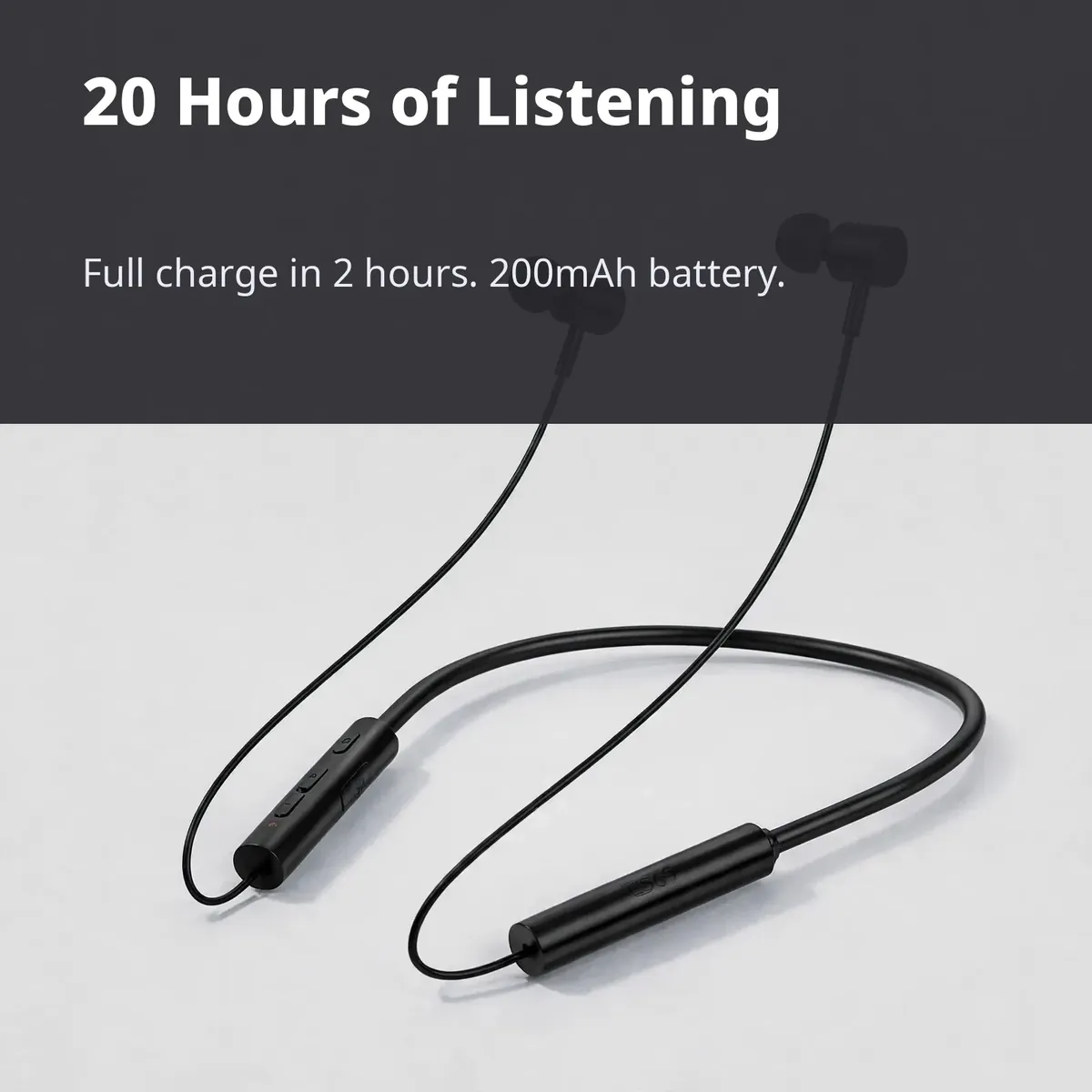 Hoco ES69 battery infographic — 20 Hours of Listening. Full charge in 2 hours. 200mAh battery.