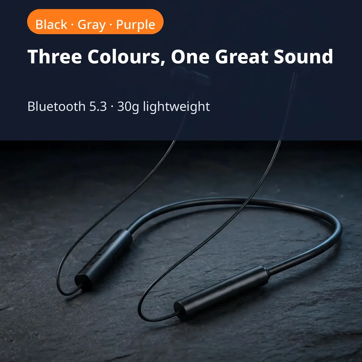Hoco ES69 colour promo on a dark slate backdrop — Three Colours, One Great Sound. Black, Gray, Purple. Bluetooth 5.3, 30g lightweight.