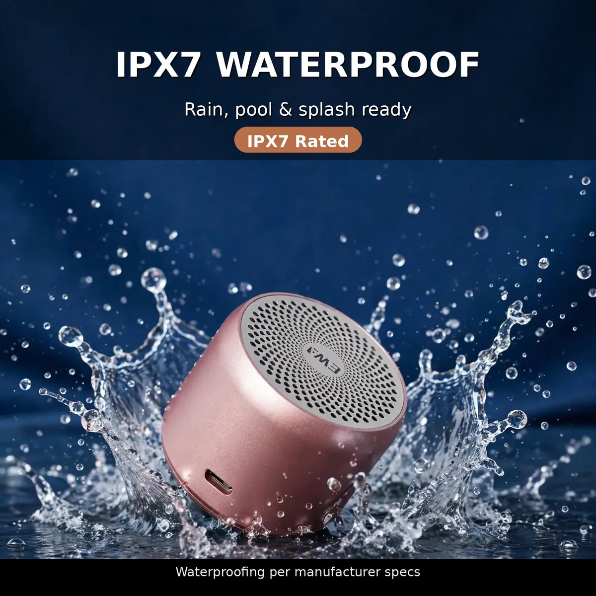 Ewa A106 Pro waterproof card showing the rose gold speaker with water splashes on a deep blue backdrop