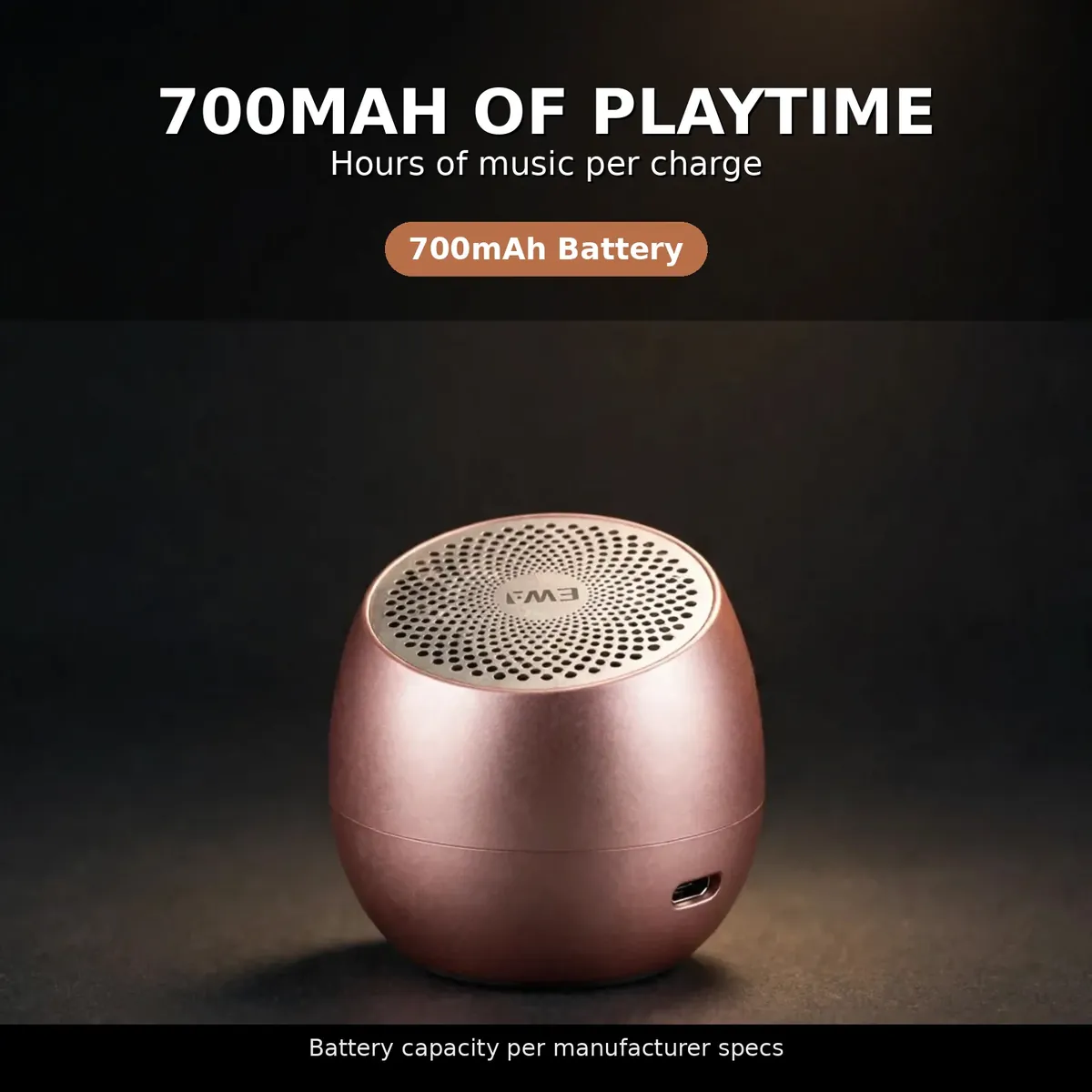 Ewa A106 Pro battery card showing the rose gold speaker with the 700mAh battery headline on a dark studio backdrop
