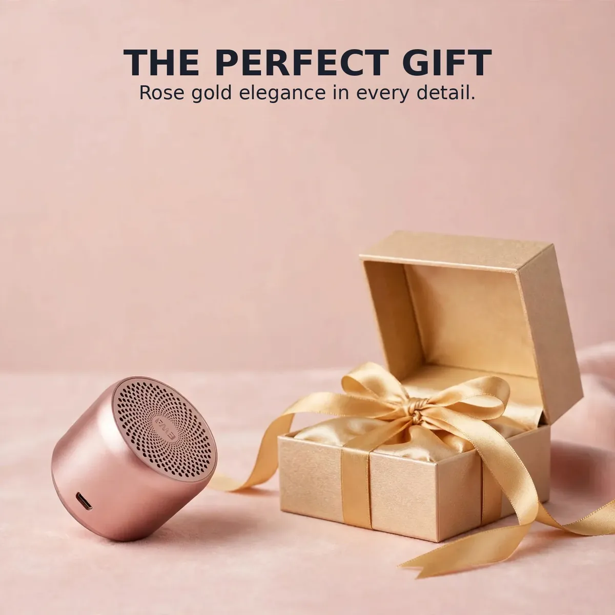 Ewa A106 Pro gift card showing the rose gold speaker beside a gold ribbon gift box