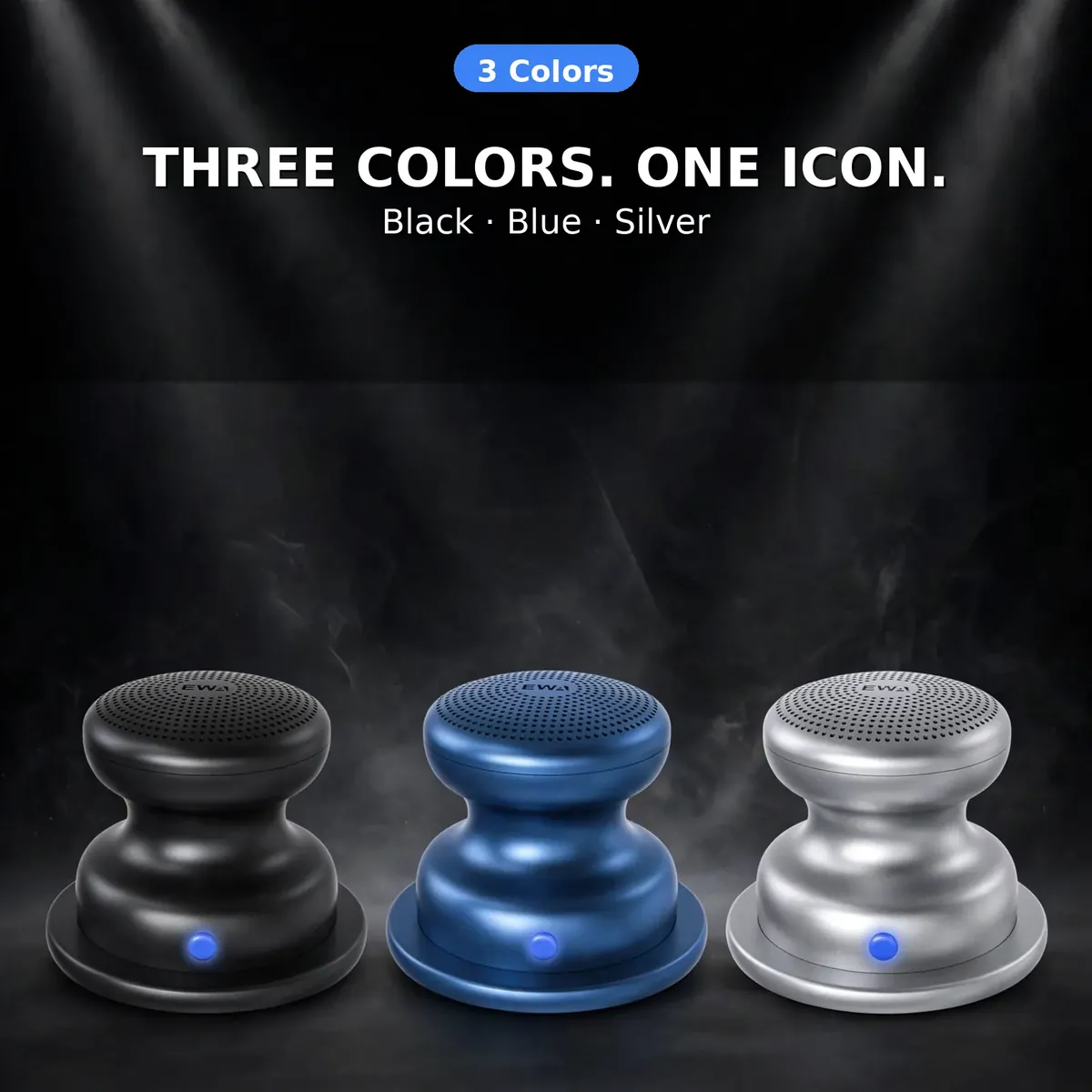 EWA A117 colors card — Three Colors. One Icon. Black, Blue, Silver finishes.