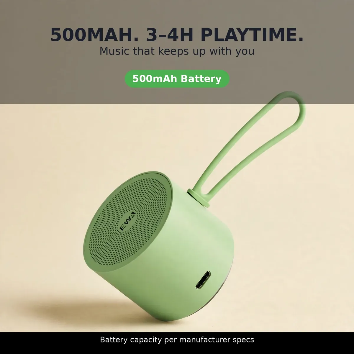 EWA A127 battery card — 500mAh, 3–4H Playtime. Music that keeps up with you. Battery capacity per manufacturer specs.