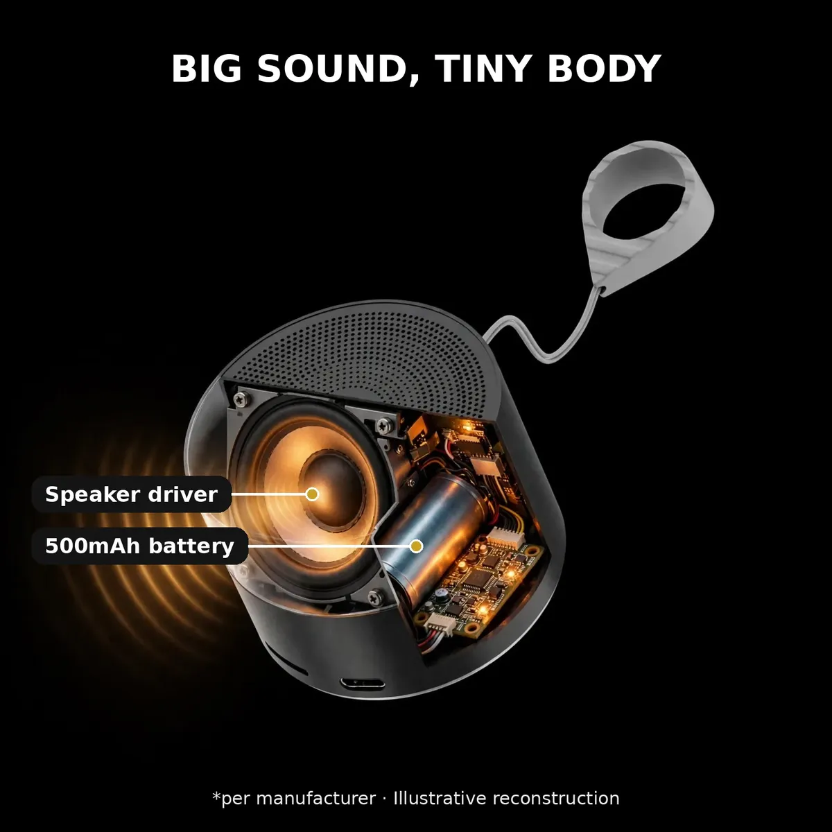 EWA A129 x-ray cutaway showing the glowing speaker driver and 500mAh battery on black