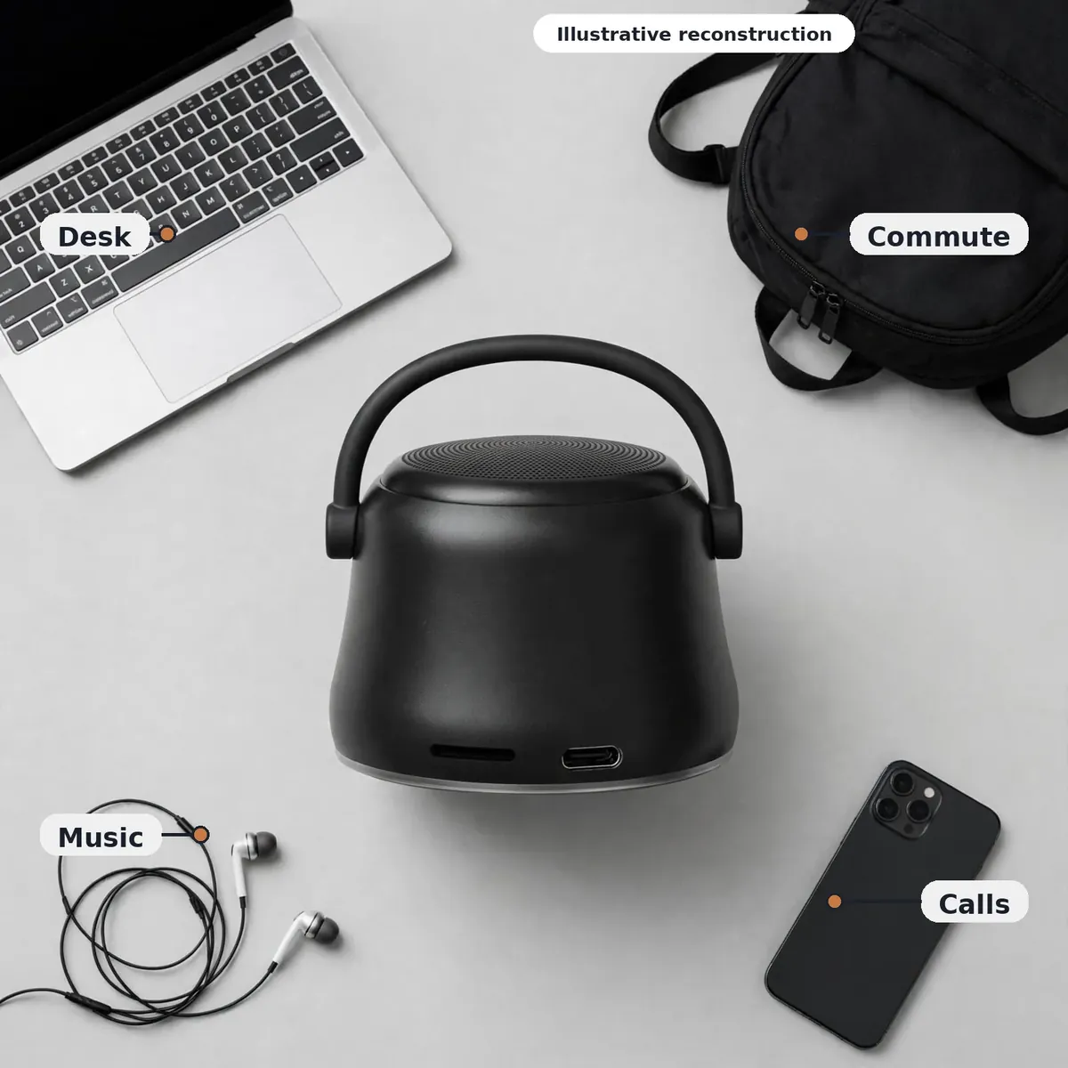 EWA A20 usage infographic — desk, commute, music, calls flat-lay. Illustrative reconstruction.