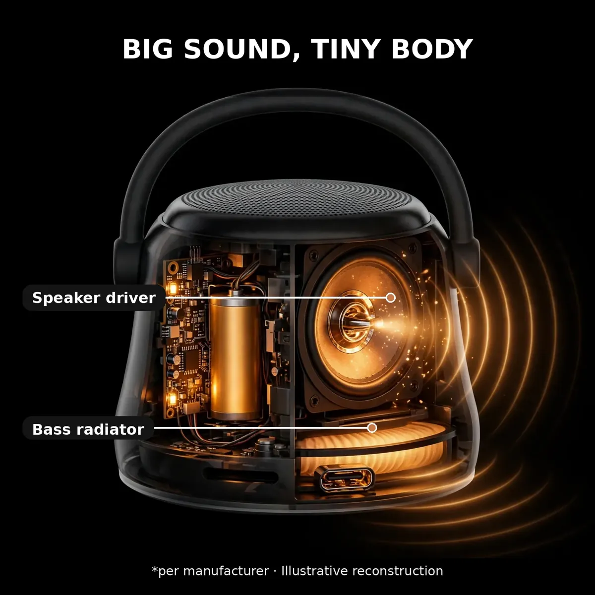 EWA A20 driver x-ray close-up — Big Sound, Tiny Body. Speaker driver and bass radiator, glowing. Per manufacturer, illustrative reconstruction.