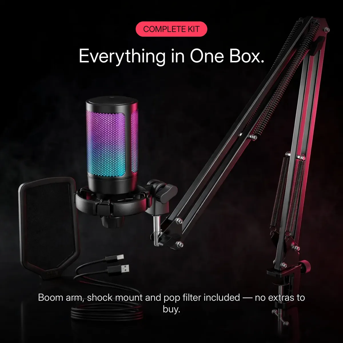 FIFINE AmpliGame A6T feature card showing the complete streaming kit — A6T microphone, scissor boom arm, shock mount, pop filter and USB cable — Everything in One Box. Boom arm, shock mount and pop filter included, no extras to buy.