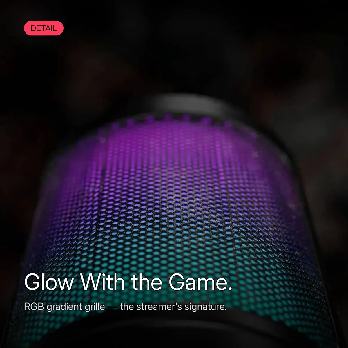 FIFINE AmpliGame A6T macro detail of the RGB gradient grille glowing purple to teal — Glow With the Game. RGB gradient grille — the streamer's signature.