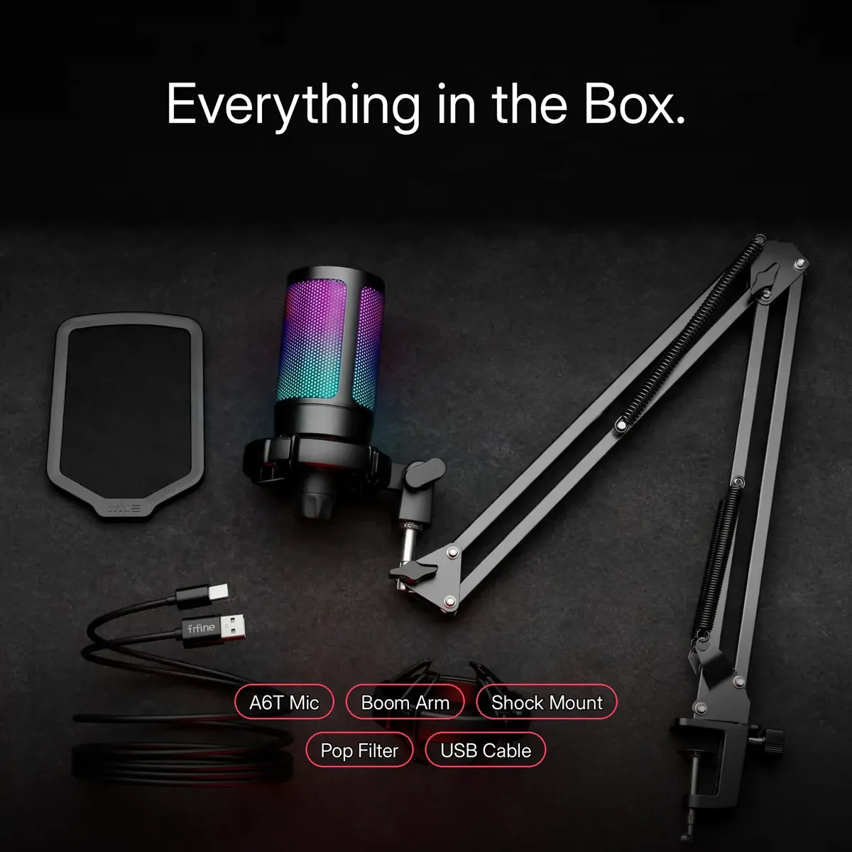 FIFINE AmpliGame A6T box-contents flat-lay with chips for the A6T Mic, Boom Arm, Shock Mount, Pop Filter and USB Cable — Everything in the Box.