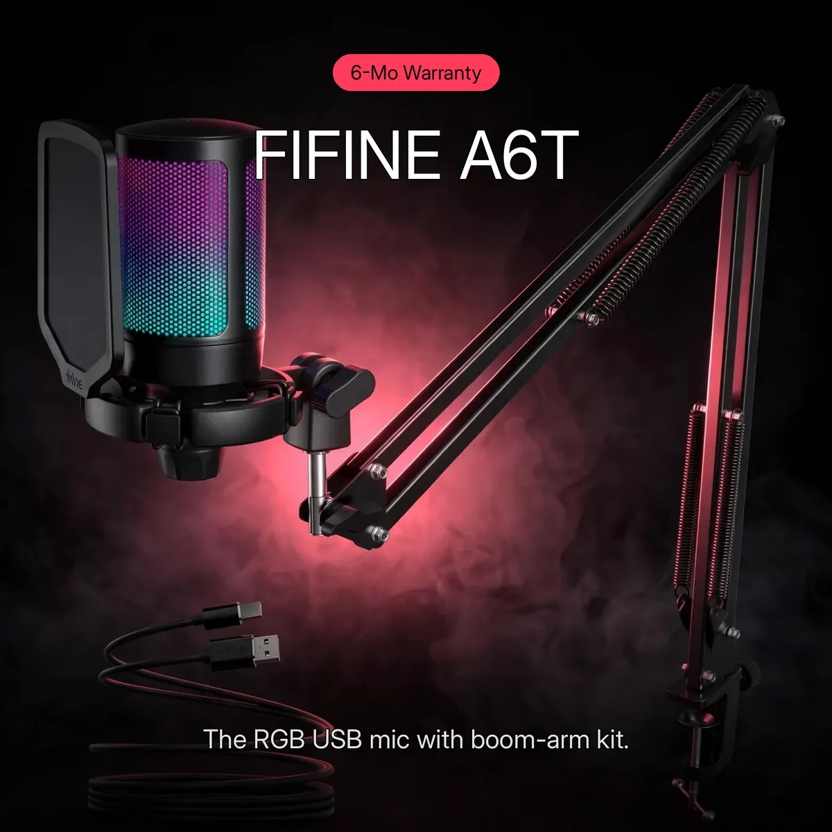 FIFINE AmpliGame A6T promo hero showing the mic on its boom arm under red glow — FIFINE A6T. The RGB USB mic with boom-arm kit.