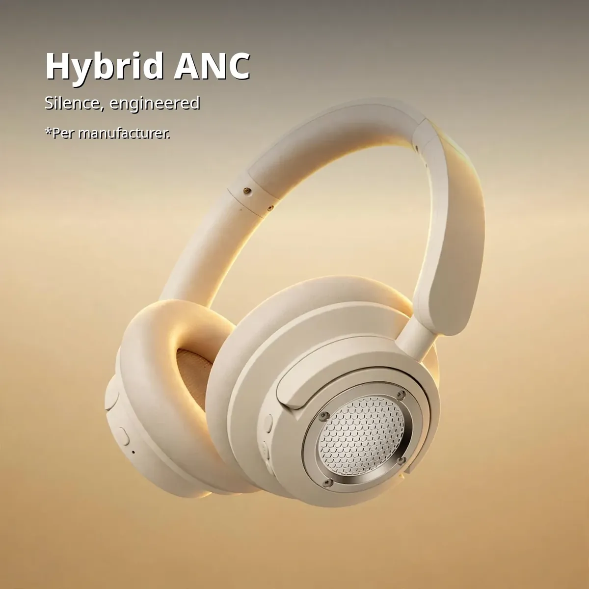 HiFuture Future Tour X feature card showing the beige over-ear headphones on a warm champagne gradient — Hybrid ANC. Silence, engineered.