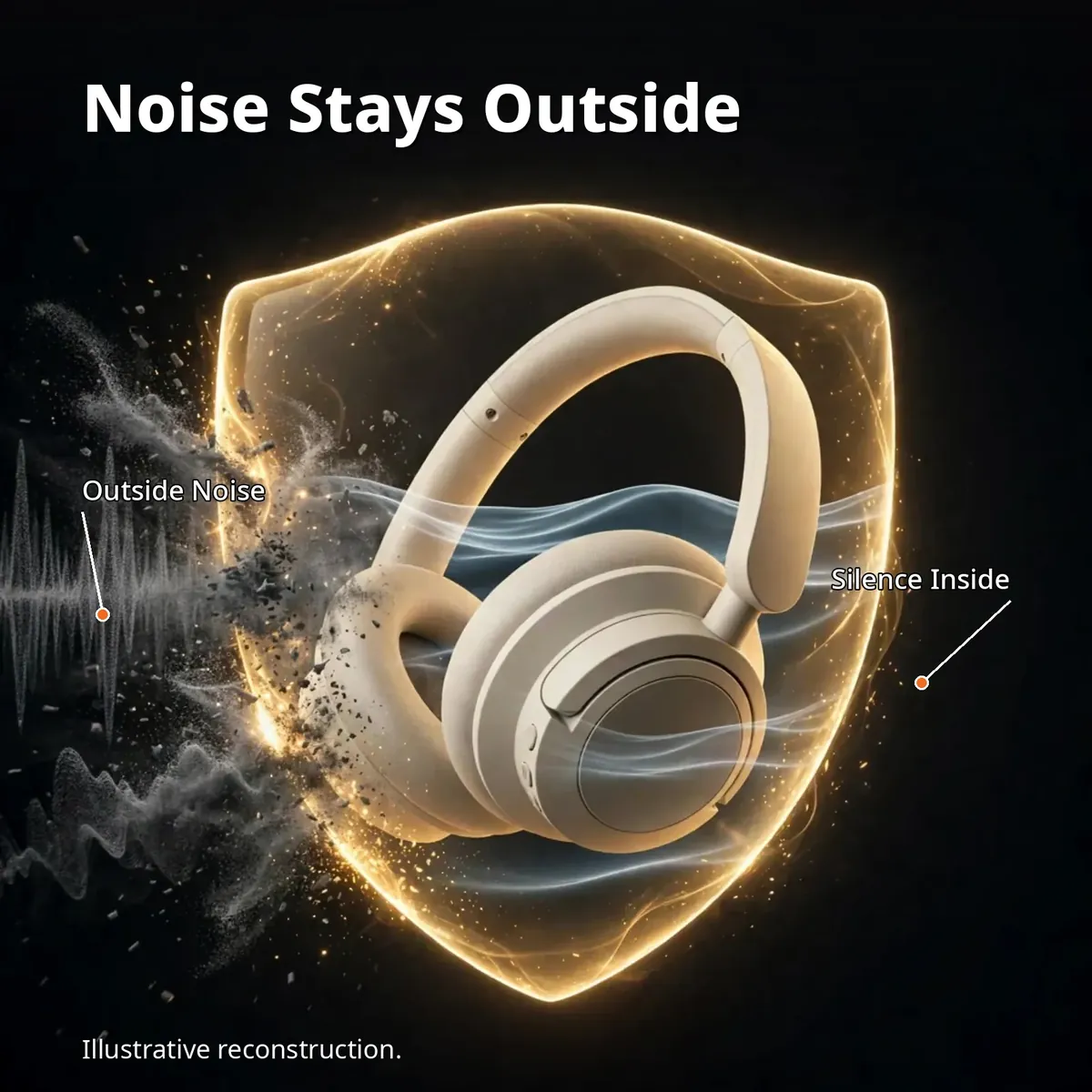 HiFuture Future Tour X ANC infographic with noise blocked by a glowing shield — Noise Stays Outside. Illustrative reconstruction.
