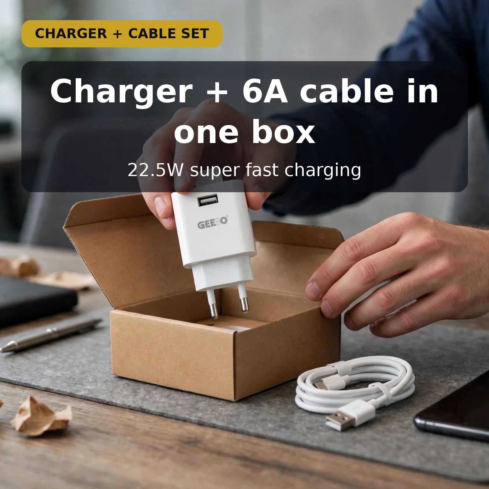 GEEOO C22 22.5W fast charger set with 6A cable in one box