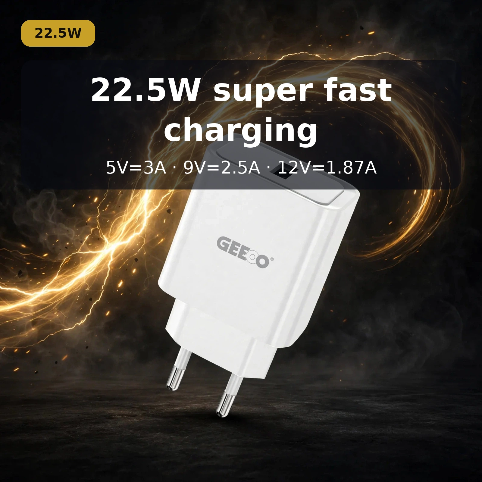 GEEOO C22 22.5W fast charger set output modes 5V 3A 9V 2.5A 12V 1.87A