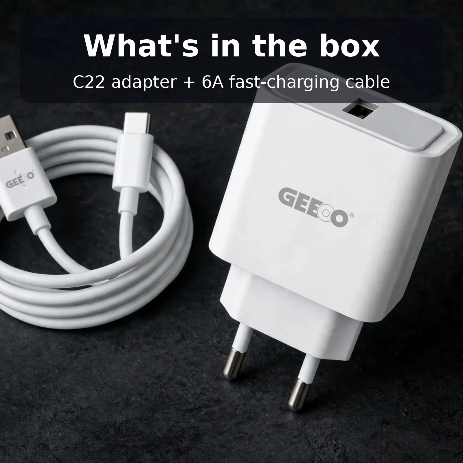 What is in the box GEEOO C22 22.5W fast charger set adapter and 6A cable