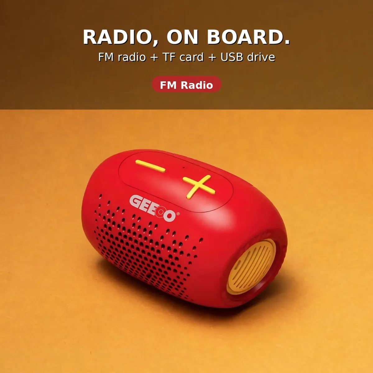 GEEOO S40 FM radio card showing FM radio plus TF card and USB drive playback