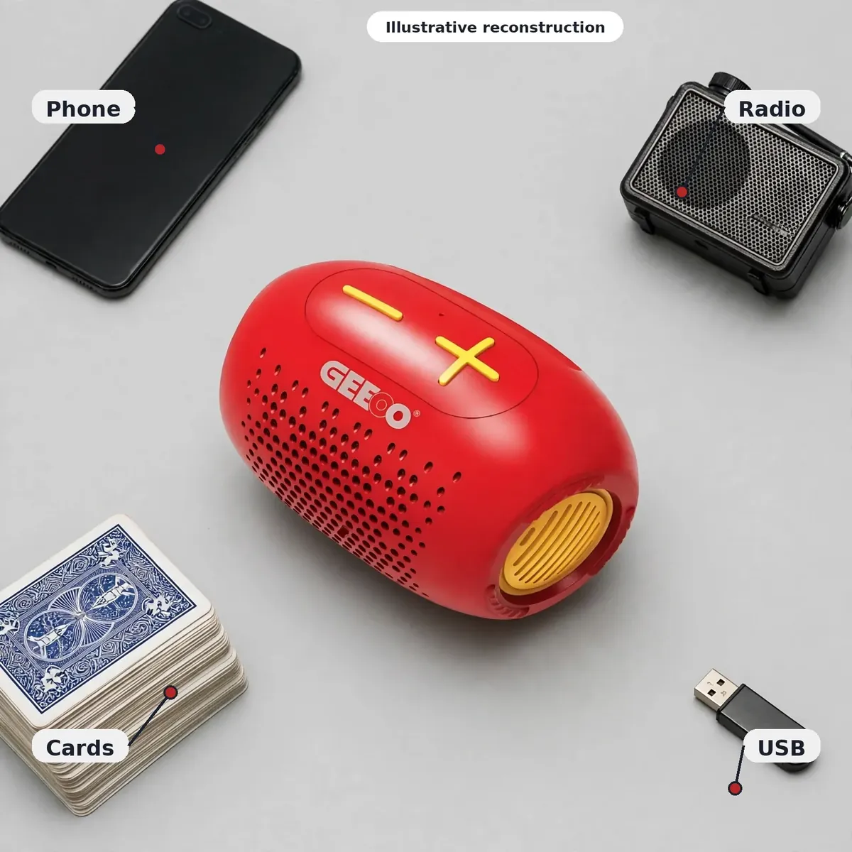 Illustrative flat-lay of the GEEOO S40 with phone, radio, playing cards and USB drive showing its many uses