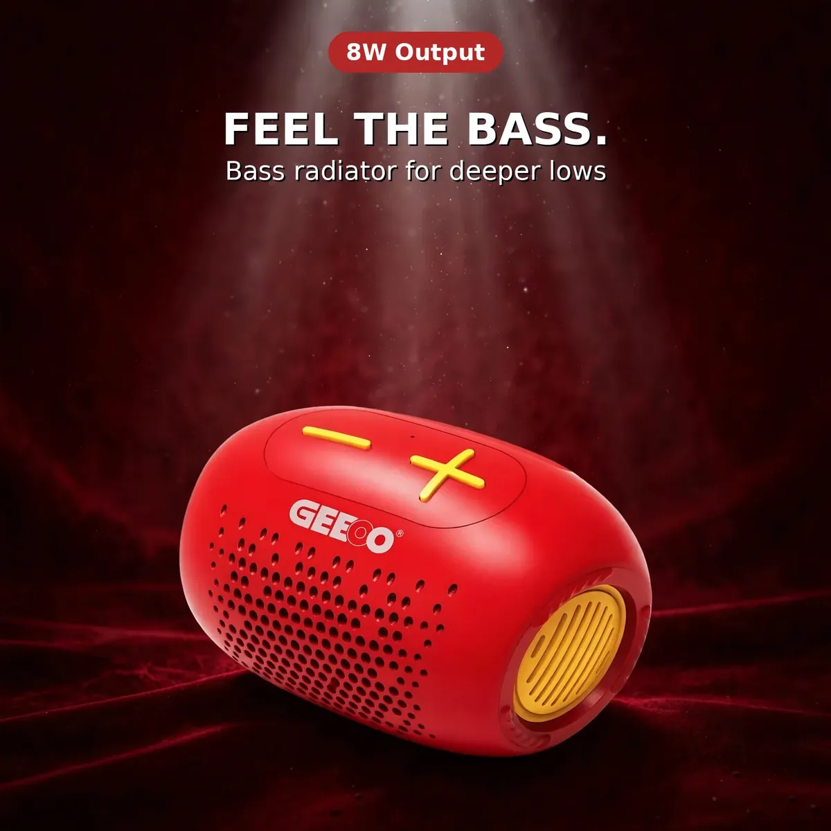 GEEOO S40 promo shot on dark-gold backdrop with 8W Output badge