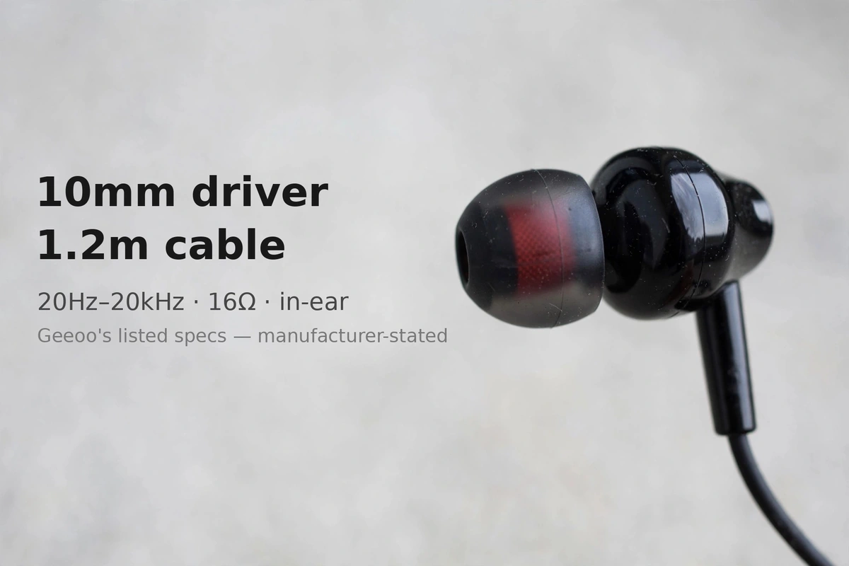 Geeoo X10 spec card: 10mm driver, 1.2m cable, 20Hz to 20kHz, 16 ohm — manufacturer-stated specs