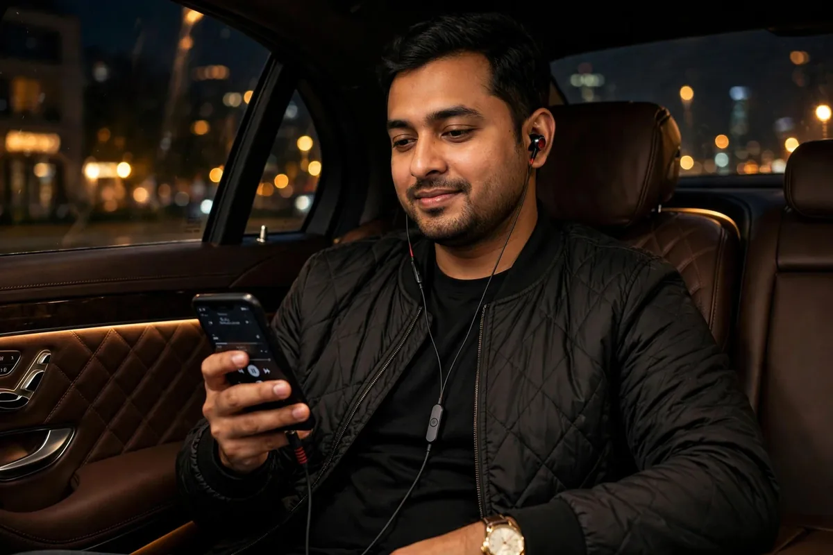 Affluent Bangladeshi man in the back seat of a luxury car at night, Geeoo X10 black and red earbud in ear, single-button module on the cable