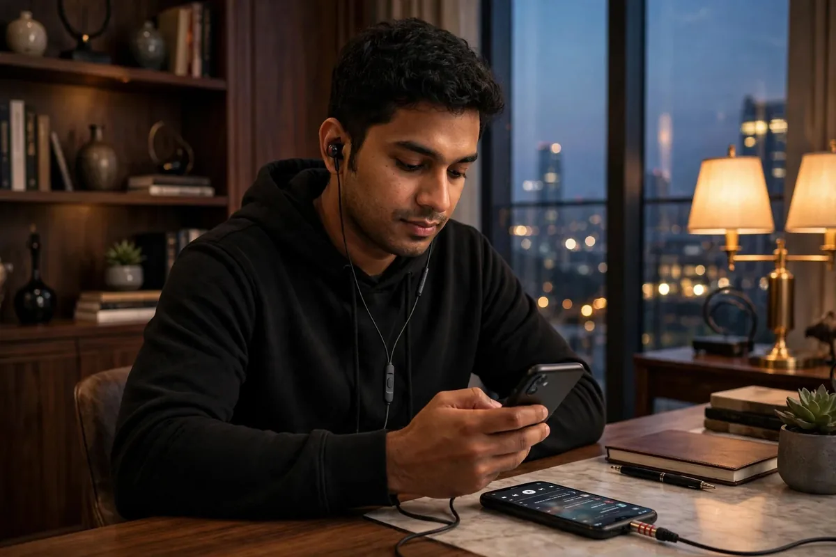 Young man in a luxury apartment study at dusk wearing the Geeoo X10 earbud, single-button module on the cable
