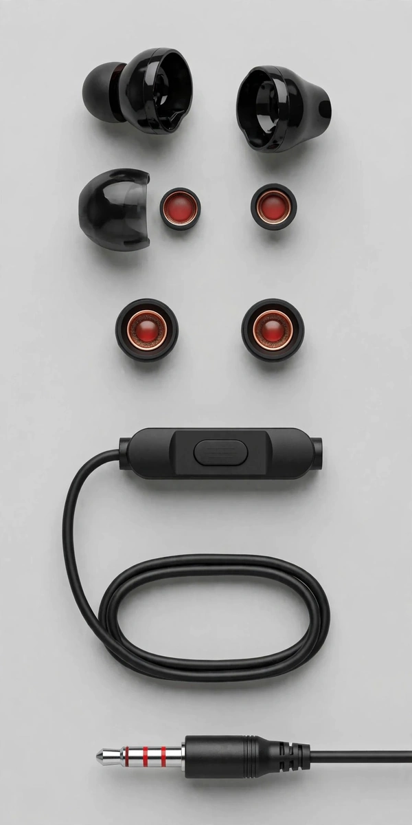 Illustrative exploded-view reconstruction of Geeoo X10 components: earbud housings with red driver units, single-button module, coiled cable, 3.5mm TRRS plug — not an actual teardown