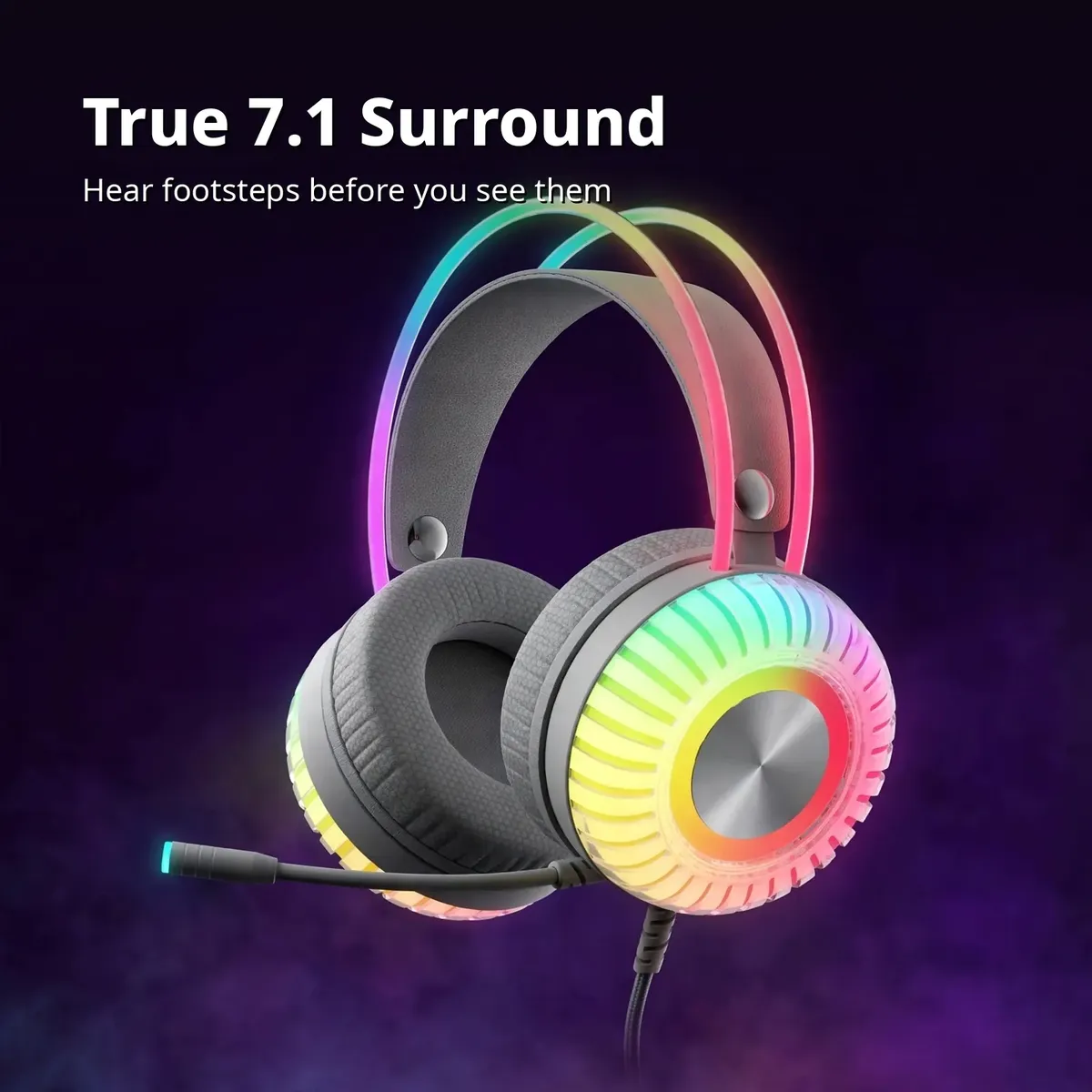 HAVIT H2046U feature card showing the white-grey gaming headset on a dark purple gradient — True 7.1 Surround. Hear footsteps before you see them.