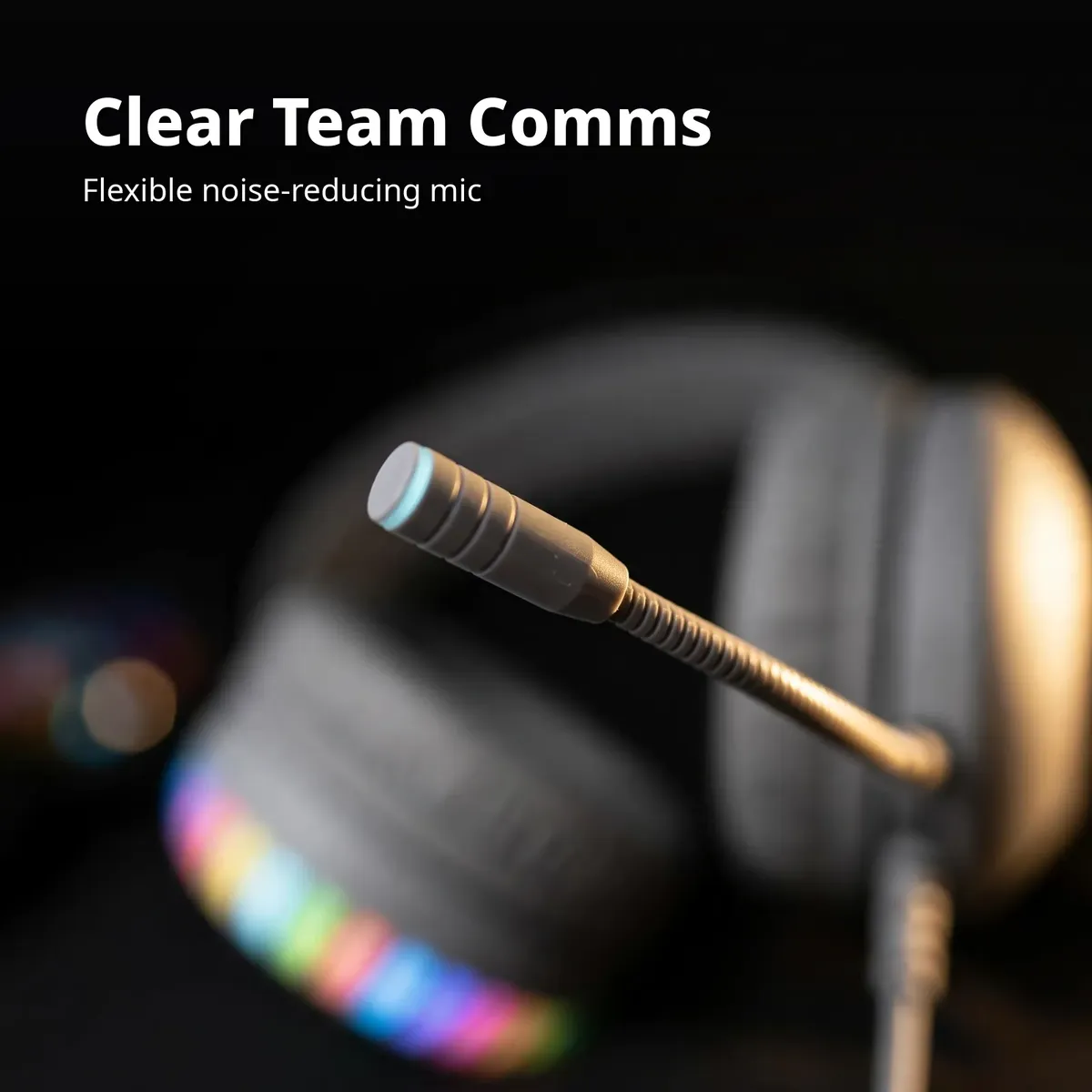 HAVIT H2046U microphone card showing a close-up of the flexible boom mic — Clear Team Comms. Flexible noise-reducing mic.