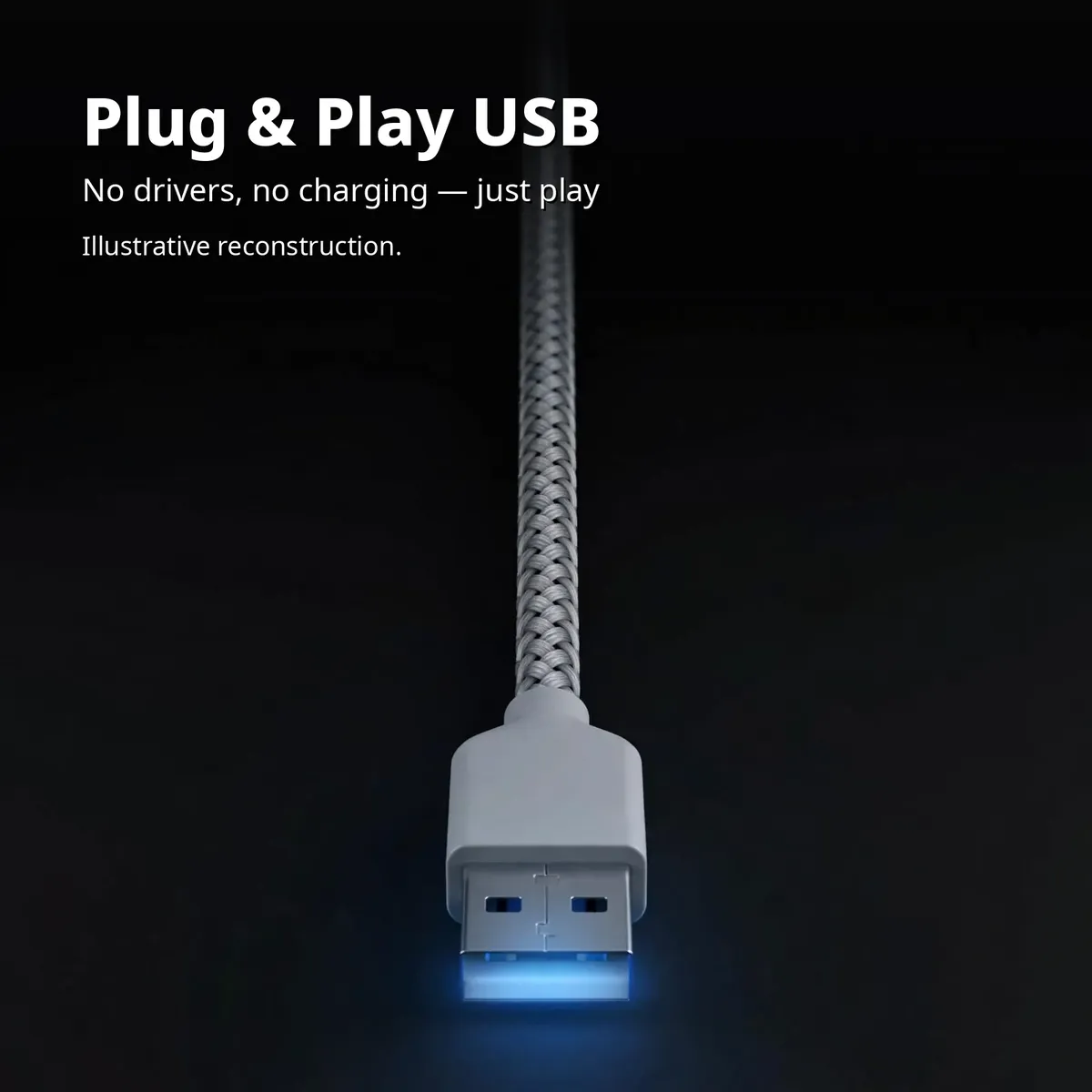 HAVIT H2046U USB infographic showing the glowing USB plug and braided cable — Plug and Play USB. No drivers, no charging, just play. Illustrative reconstruction.