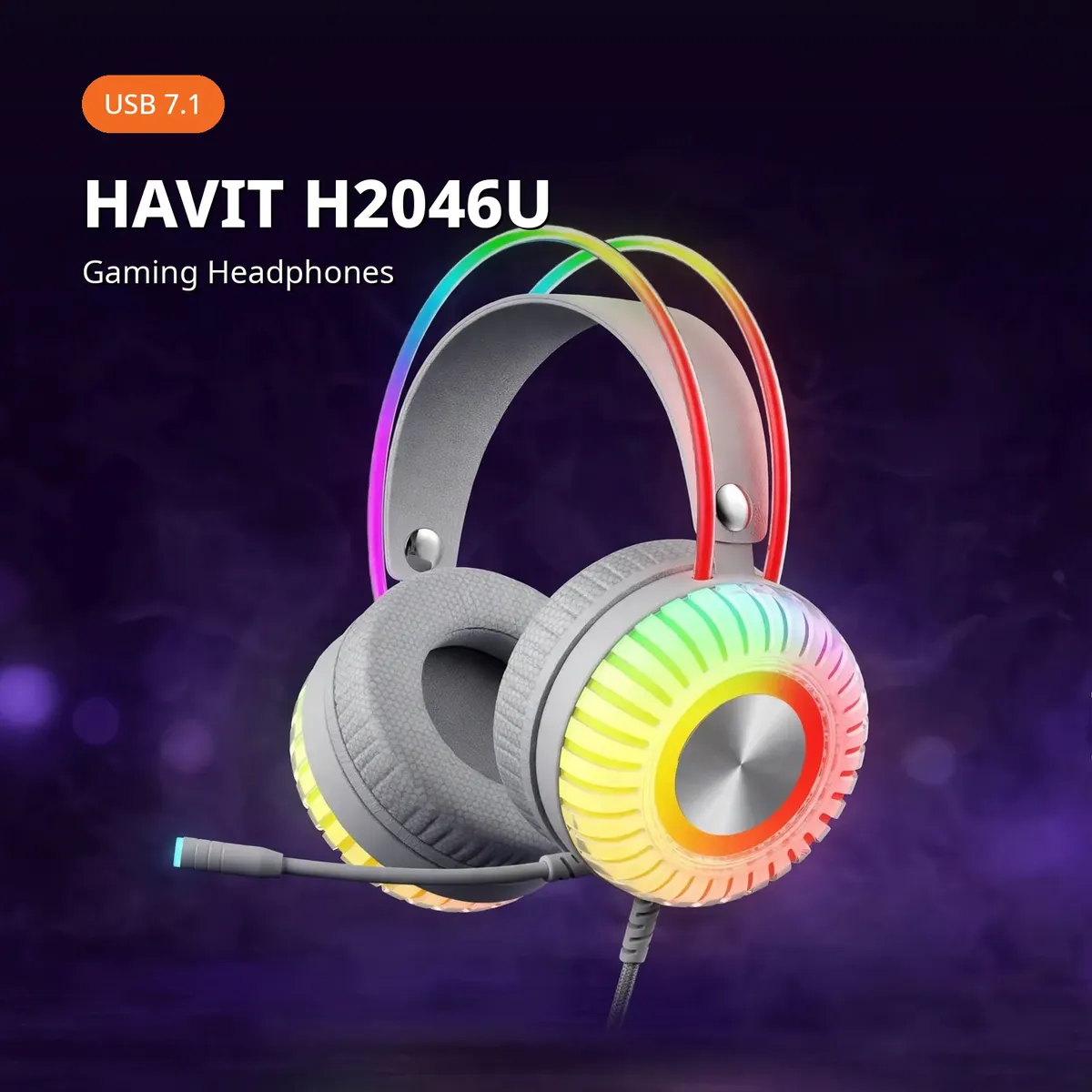 HAVIT H2046U promo hero showing the white-grey gaming headset glowing with RGB — USB 7.1, HAVIT H2046U Gaming Headphones.