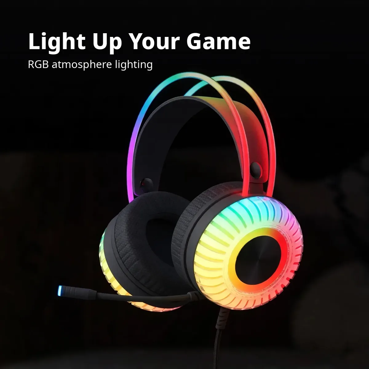 HAVIT H2046U promo visual of the RGB light rings glowing in the dark — Light Up Your Game. RGB atmosphere lighting.