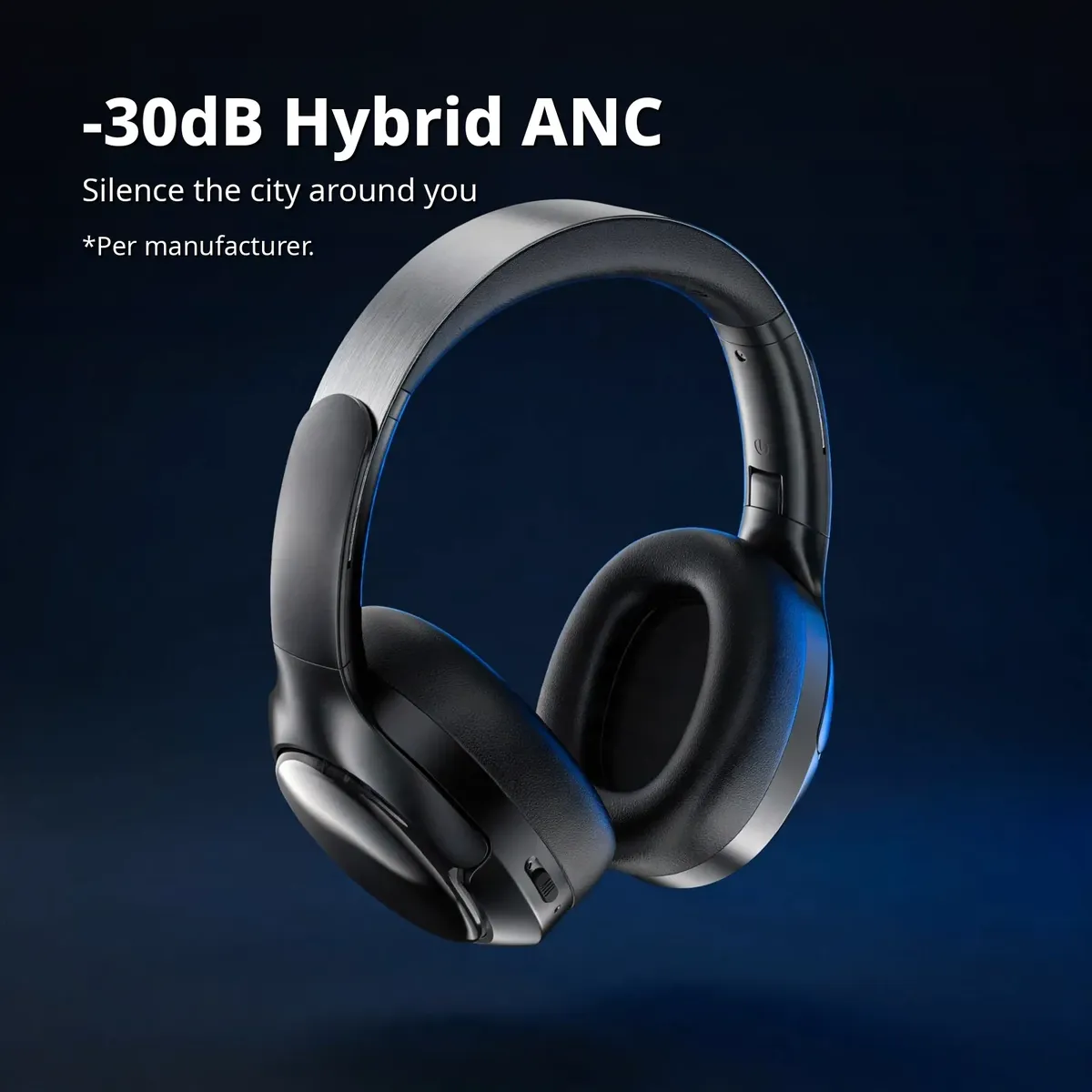 ACEFAST H5 feature card on a deep navy gradient showing the black over-ear headset with silver headband — -30dB Hybrid ANC. Silence the city around you.
