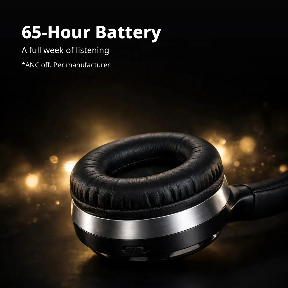 ACEFAST H5 battery card showing a protein-leather earcup with a warm golden glow — 65-Hour Battery. A full week of listening.