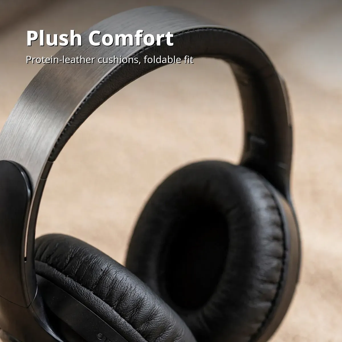 ACEFAST H5 comfort card showing the silver brushed headband and protein-leather earcups in macro — Plush Comfort. Protein-leather cushions, foldable fit.