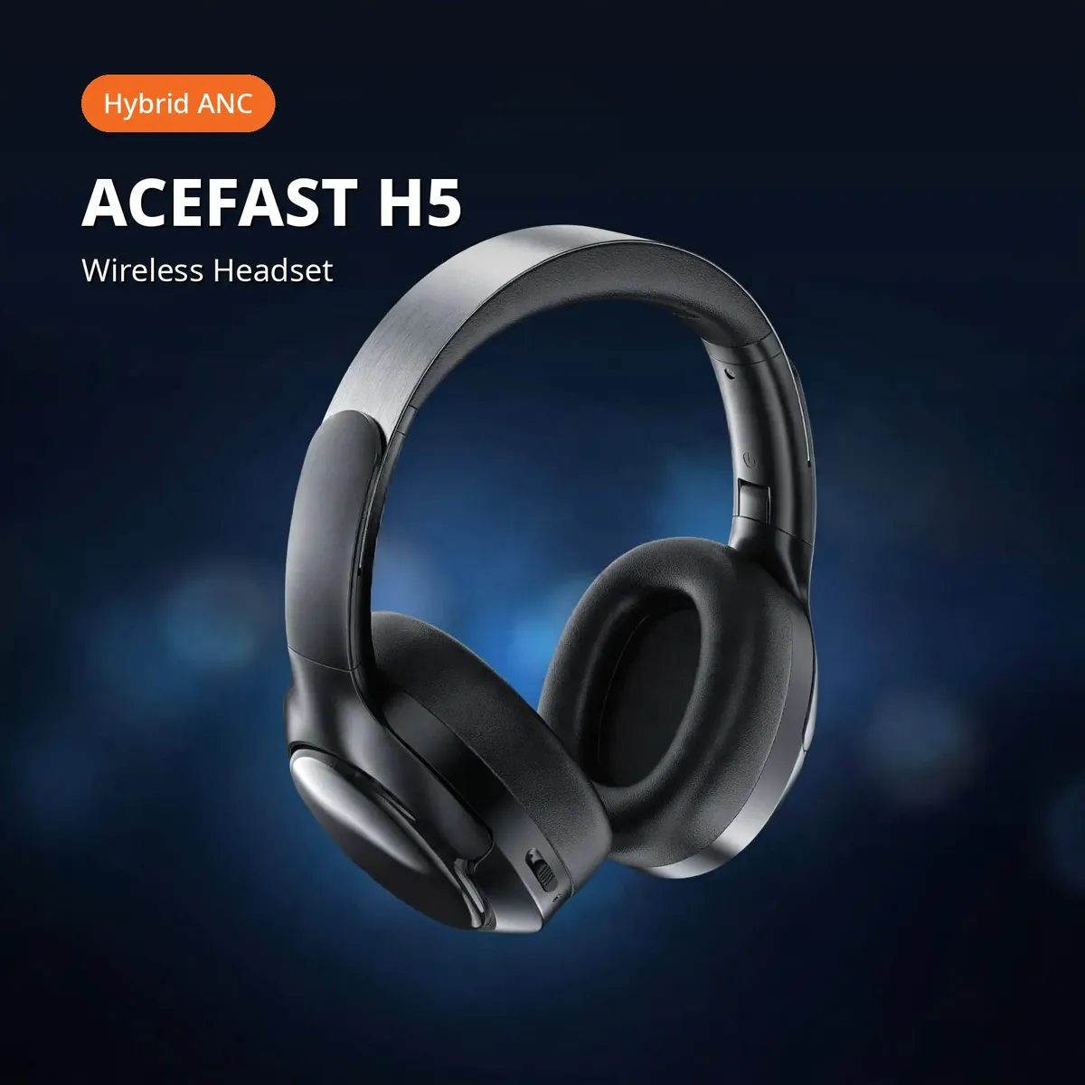 ACEFAST H5 promo hero showing the black over-ear headset with silver headband on a dark blue backdrop — Hybrid ANC badge, ACEFAST H5 Wireless Headset.